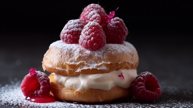 Une pâtisserie avec des framboises sur le dessus