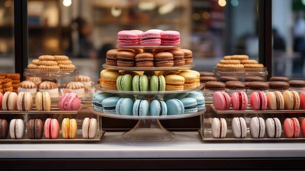 Pâtisserie française invitante avec macarons colorés et tartes délicates