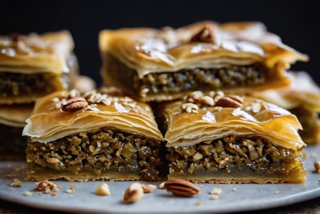 Photo une pâtisserie sucrée riche faite de couches de pâte de filo remplies de noix hachées