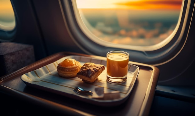 Pâtisserie et un verre de jus d'orange sur le plateau près de l'illuminateur d'avion Lever du soleil dans le ciel sur fond flou AI générative