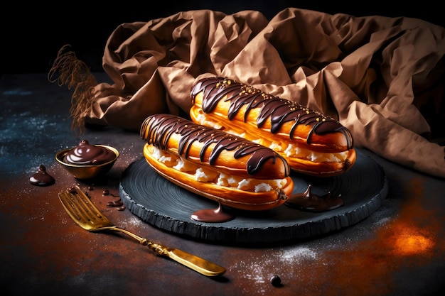 Pâtisseries Eclair avec crème au chocolat et caramel sur fond sombre