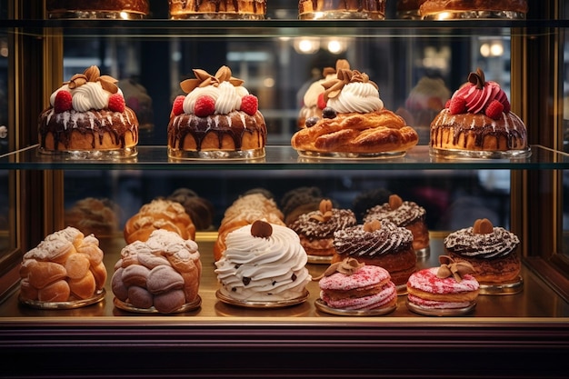 Des pâtisseries françaises éclairent des gâteaux exposés dans une boulangerie européenne