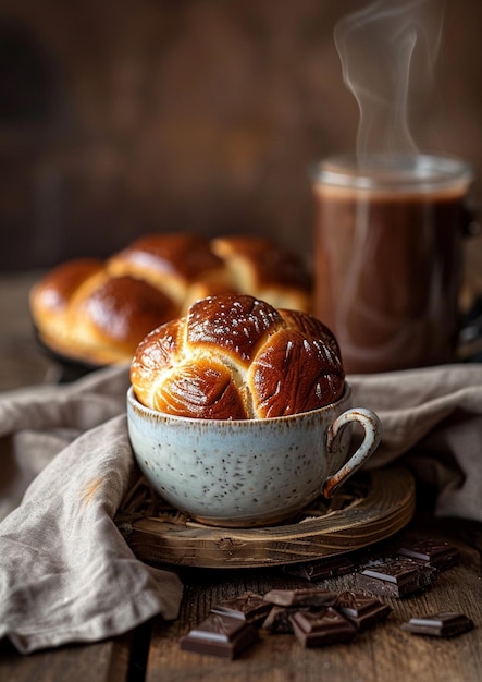 des pâtisseries françaises fraîches et une tasse de thé sur une table en bois