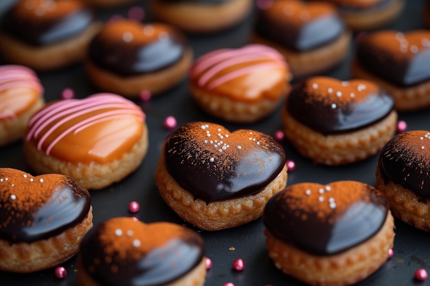 Des pâtisseries glaçées en forme de cœur sur fond noir