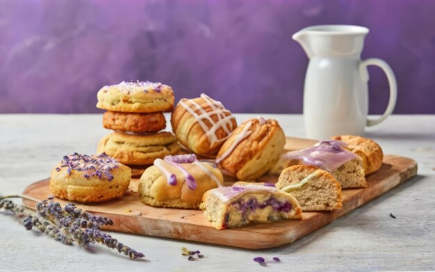 Pâtisseries magiques du matin Un assortiment de pâtisseries enchanteuses telles que des biscuits à la lavande