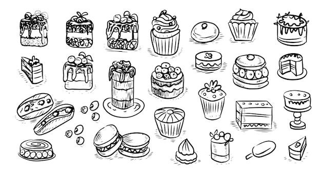 Pâtisseries pâtisseries gâteaux cupcakes graphiques gravure croquis dessinés à la main photo aliments sucrés hommes