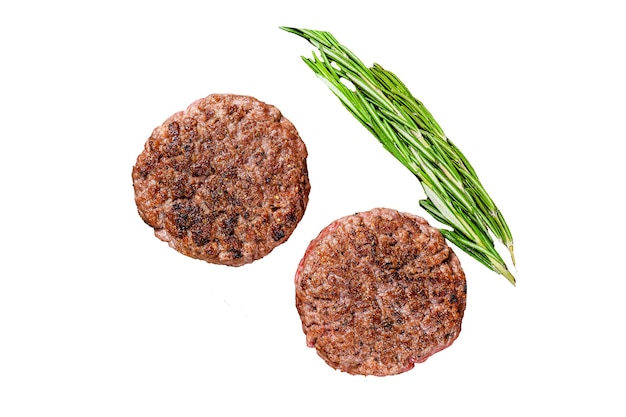 Photo pâtisseries de steak au barbecue pour hamburger à partir de viande de bœuf hachée isolées sur fond blanc vue de haut