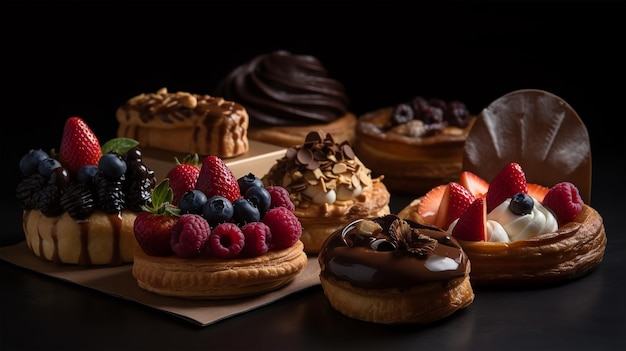 Pâtisseries sur une table avec un fond noir