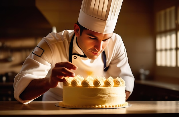 Le pâtissier décore un gâteau avec de la crème dans la cuisine.