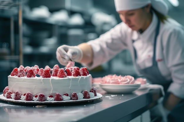 Un pâtissier décore un gâteau.