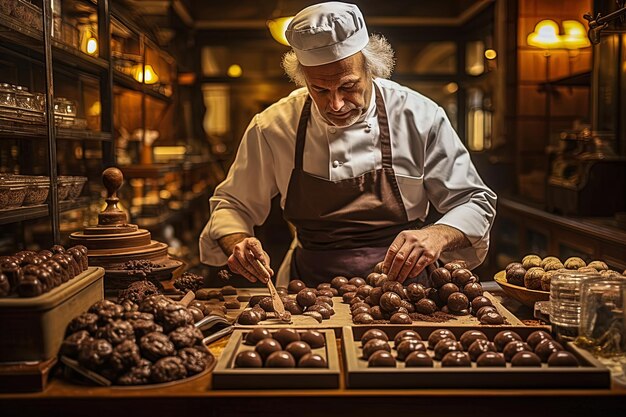 Photo le pâtissier fait des chocolats marshmallow à la main