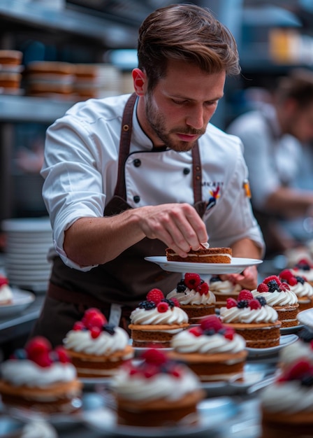 Le pâtissier met le dernier morceau de gâteau sur l'assiette avant de le servir au client dans la cuisine de la pâtisserie