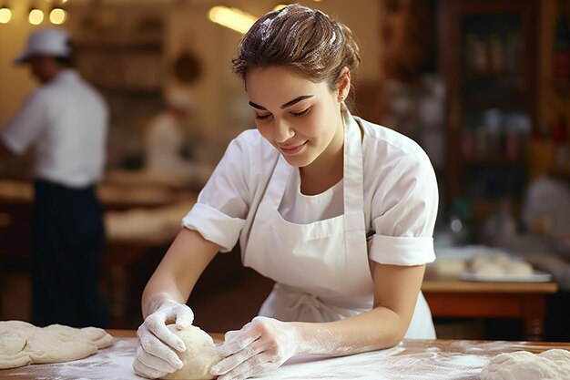 Une pâtissière cueille de la pâte dans une pâtisserie