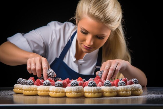 Une pâtissière décore des beignets avec des bleuets et des mûres.