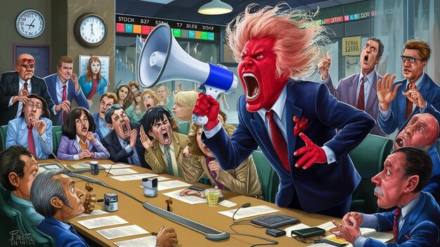 Photo un patron en colère avec un mégaphone qui crie aux employés dans le bureau, effrayés et agacés, des collègues qui l'écoutent.