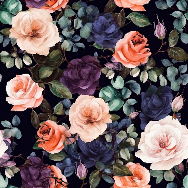 Patron avec une rose sur un fond noir Texture de jardin de fleurs Pour la carte postale de bannière Carte d'illustration de livre Créée avec des outils d'IA génératifs