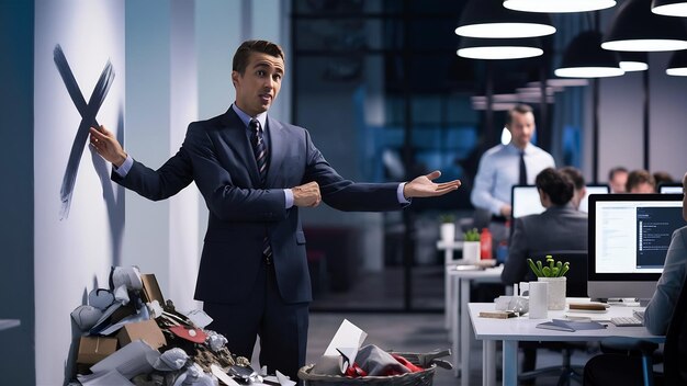 Photo le patron sceptique, l'entrepreneur masculin, montre le rejet, le blocage, le geste d'arrêter de se tenir debout.