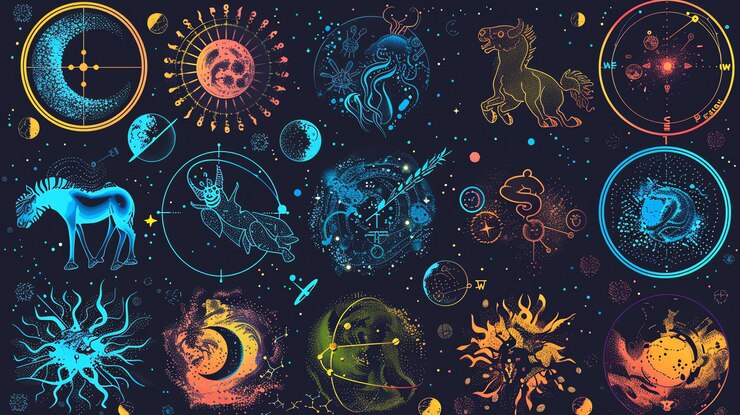 Photo pattern céleste cosmique avec des constellations des planètes des signes du zodiaque et des étoiles