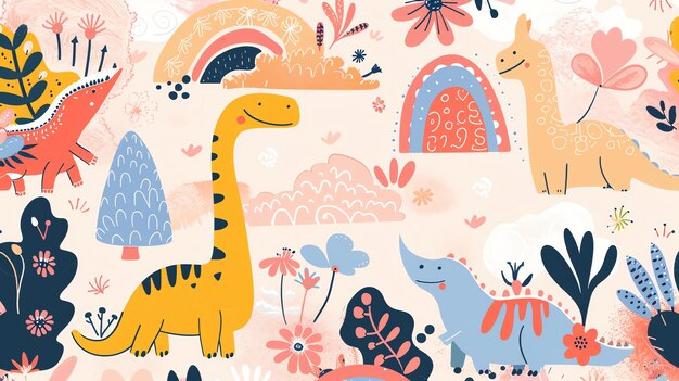 Photo pattern de dinosaure mignon sans couture avec des dinosaures dessinés à la main, des arcs-en-ciel et des fleurs, parfait pour la décoration de la chambre des enfants, le tissu et la papeterie