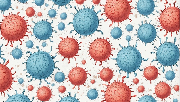 Pattern illustré de virus bleus et rouges Arrière-plan sans couture Concept de maladie