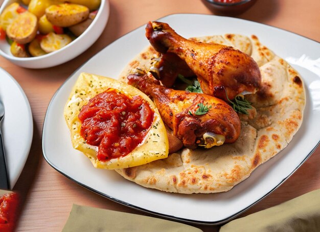 Photo des pattes de poulet sur du pain plat, une assiette de pommes de terre et de sauce tomate.