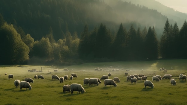 Un pâturage serein avec des moutons en train de paître généré par l'IA