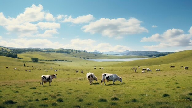 Un pâturage serein avec des vaches au pâturage sous un vaste ciel nuageux