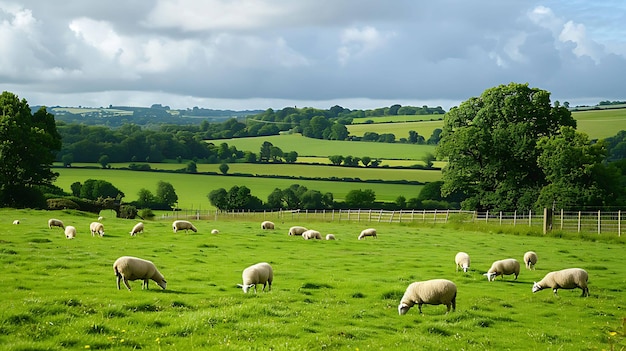 Un pâturage vert luxuriant avec un troupeau de moutons qui paissent un jour nuageux en arrière-plan sont