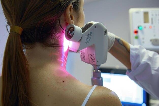 Épaule féminine et faisceau laser pendant le traitement d'élimination des cicatrices