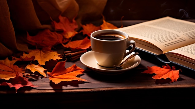pause-café sur la table avec un fond d'automne de livre Generative AI