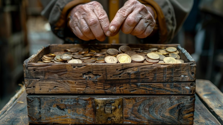 Photo un pauvre donne deux pièces de cuivre à une boîte en bois