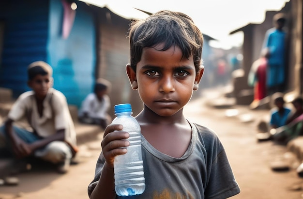 Pauvre garçon hindou avec une bouteille d'eau dans les bidonvilles Manque d'eau crise de soif