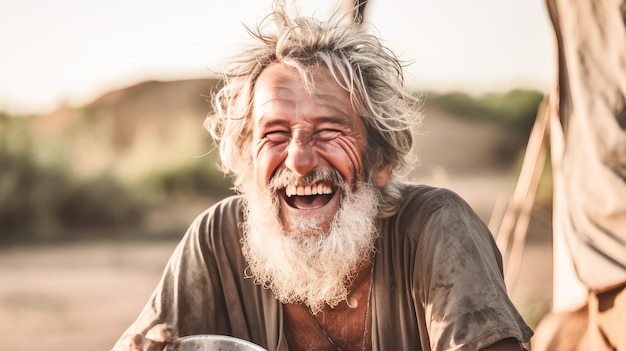 Pauvre mendiant affamé souriant vieil homme d'Afrique assoiffé d'eau à boire