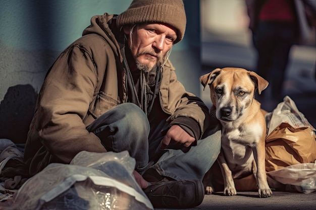 Pauvre vieil homme dans la rue avec son chien mendiant créé avec l'IA