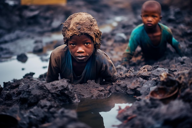 Photo les pauvres d'afrique souffrent de l'extraction de minéraux utiles dans des conditions inhumaines.