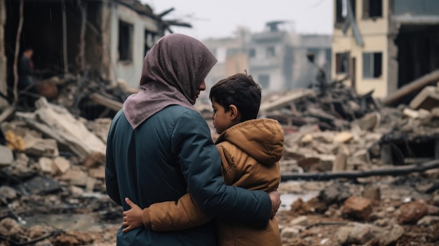 La pauvreté et la pauvreté des enfants sont confrontées à un petit enfant triste, une ville de réfugiés détruite par des bombes ou un tremblement de terre