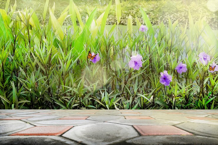 Photo pavage avec fond de plantes de printemps