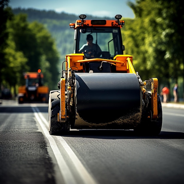 Pavage de la route avec un rouleau d'asphalte et de béton