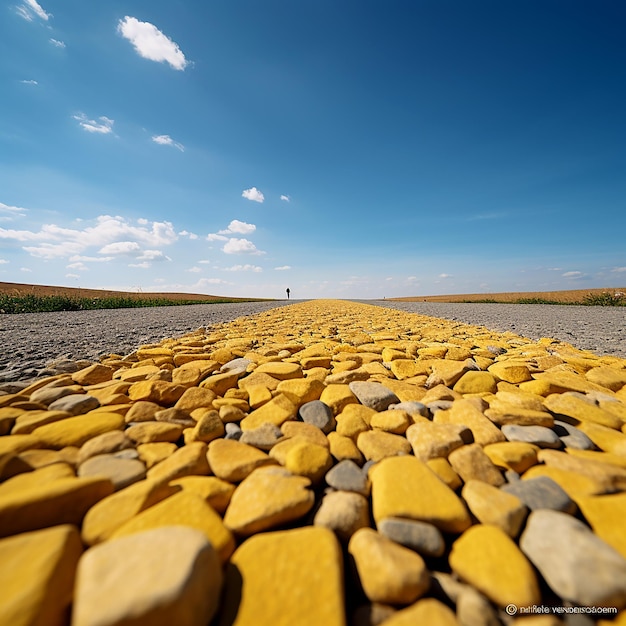 Le pavageur jaune sur la route de gravier