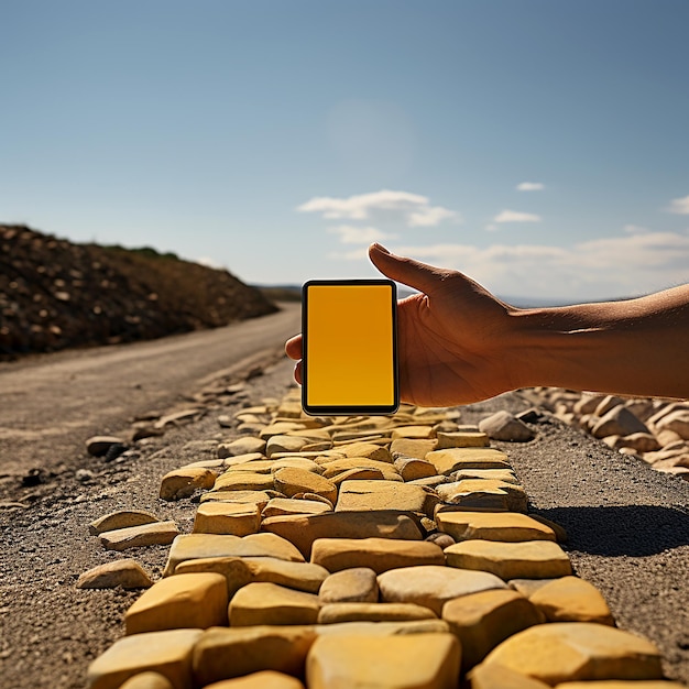 Le pavageur jaune sur la route de gravier