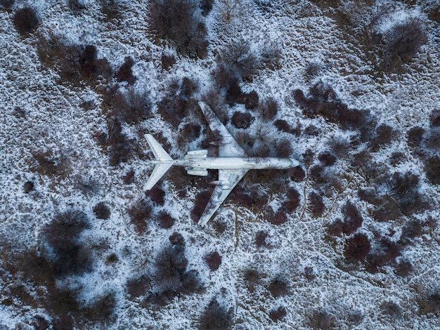 Épave abandonnée d'avion de passagers dans la forêt en hiver