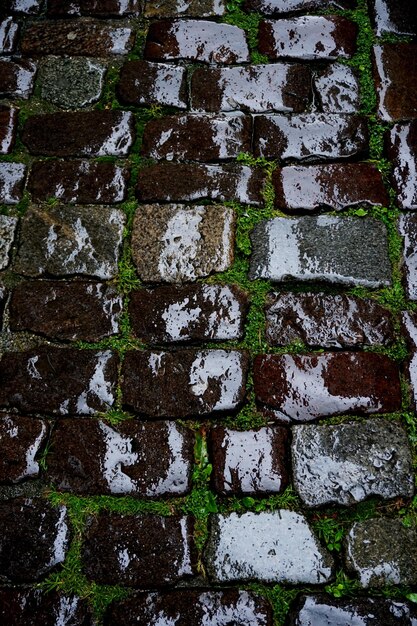 Pavé de pierre dans la rue sous la pluie