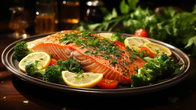 Pavé de saumon mariné dans une assiette sur fond vert