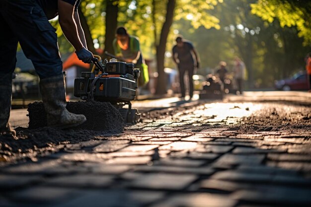 Photo paver lissage de l'asphalte avec un rouleau de finition paver photographie