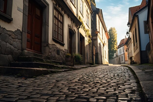 Photo des pavés baisés par le soleil dans une ruelle européenne endormie