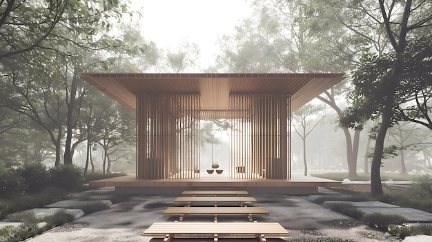 Un pavillon en bois de conception minimaliste est niché dans une forêt tranquille.