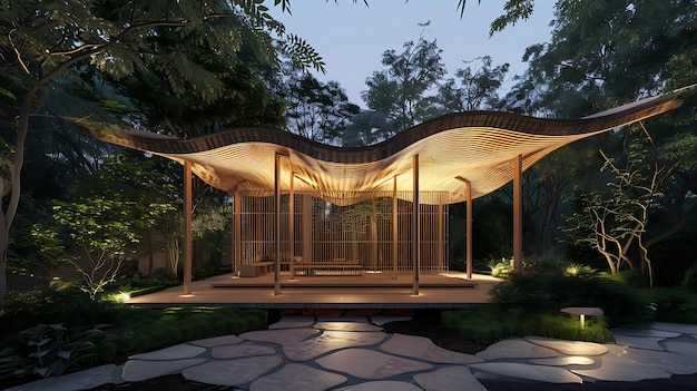 Photo un pavillon en bois avec un toit incurvé est entouré d'un jardin luxuriant