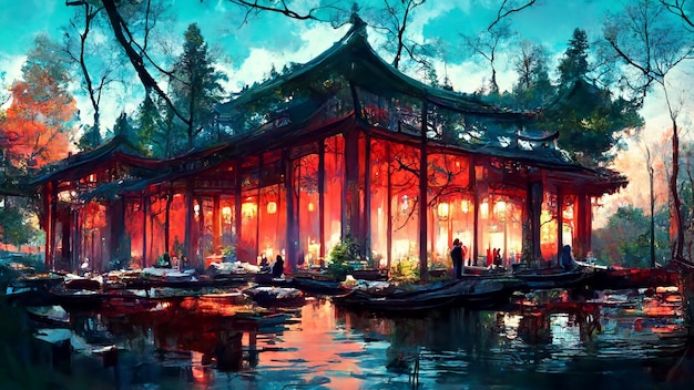 Pavillon chinois au bord du lac dans l'illustration 3D de la forêt