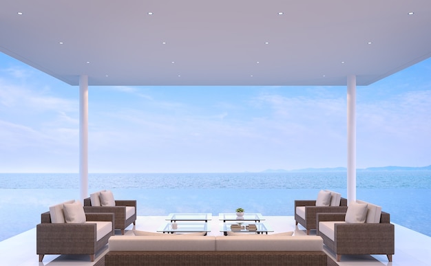 pavillon de piscine avec vue sur la mer rendu 3d surplombe la piscine sans bordure et vue sur la mer