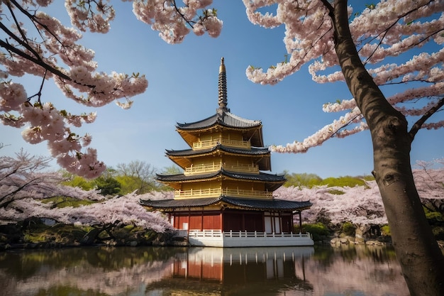 Un pavillon traditionnel au milieu des cerisiers en fleurs